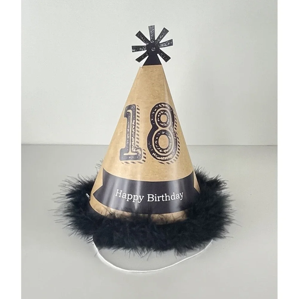 18th Birthday 6 Foot Banner And 8 Party Hats Partially Customized Black Gold Set